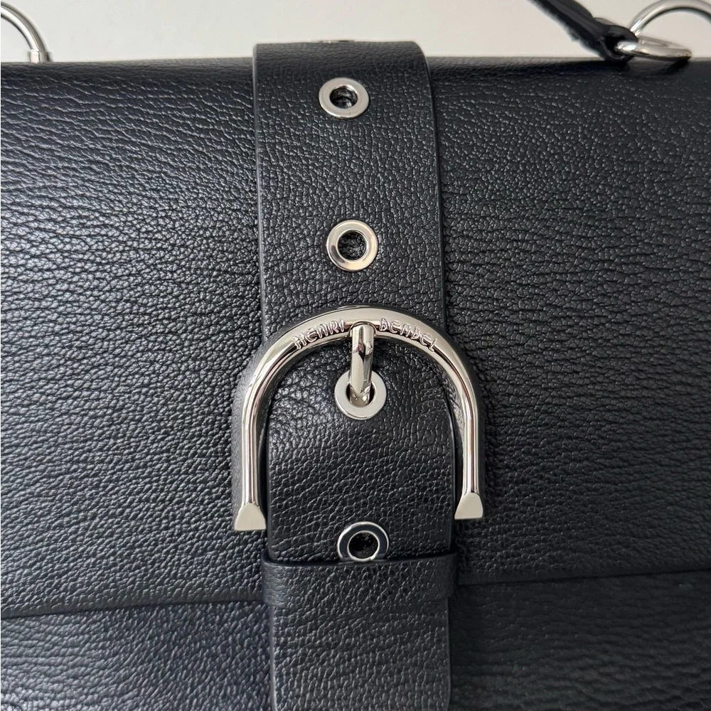 Henri Bendel Black Riverside Leather Handbag Satchel Silver Buckle - Picture 9 of 12